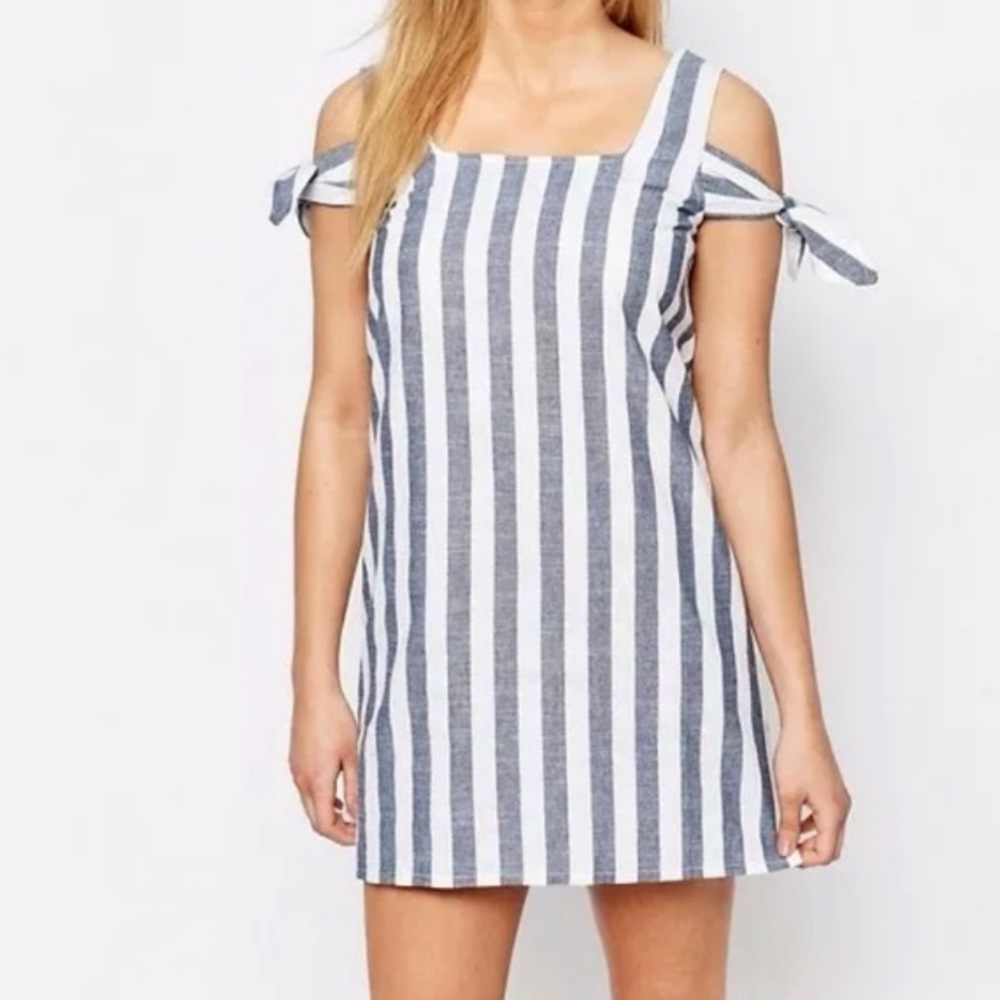 BooHoo Striped Off The Shoulder Shift Dress